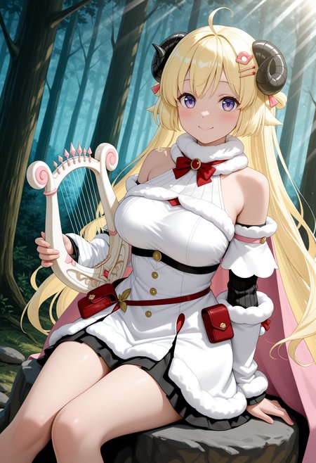masterpiece, best quality, 1girl, solo, W4tameDef, horns, blonde hair, purple eyes, very long hair, ahoge, hair ornament, white fur-trimmed dress, short dress, red bowtie, detached sleeves, layered sleeves, pouch, bare shoulders, fur-trimmed cape, pink cape, smile, holding harp, outdoors, sitting on rock, forest, blush, dutch angle, light rays, looking at viewer,  <lora:ChamTsunomakiWatameNoob:1>