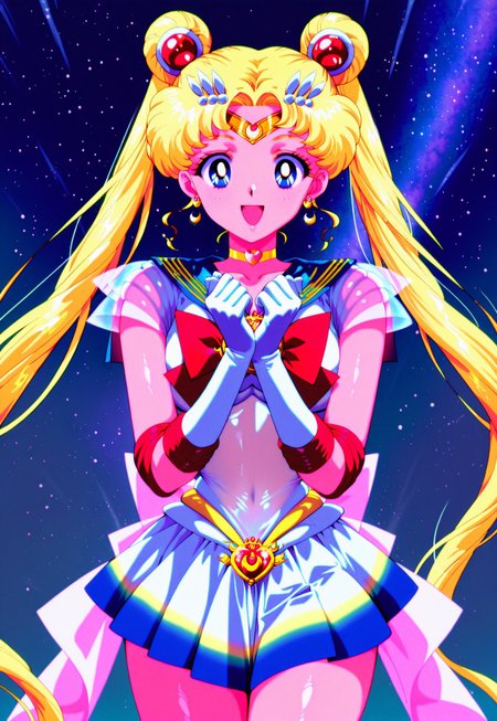 (1990s:0.3), (retro_artstyle:0.3),masterpiece,extremely detailed,best quality,amazing quality,newest,absurdres,highres, super detailed skin,1 girl, supersailormoon, twintails, circlet, earrings, heartchoker, white back bow ,gloves, miniskirt,, smile, open mouth. at_night, 