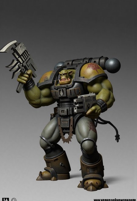 Score_9_up, absurdres, source: GamesWorkshop, grimdark, gothic horror, Warhammer 40000, a snarling ork is waving an axe in one hand and firing a machinegun in the other, lifelike, hyperrealism, perfect hands, perfect anatomy, project unreal engine