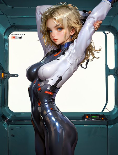 score_9, score_8_up, score_7_up, lineart, concept art, cowboy shot, solo, from side, looking at viewer, naughty face, 
1girl, bodysuit, cyberpunk, large breasts, blonde, hands up, stretching, Retro Artstyle, 1980s \(style\), indoors, 
d3t41l3d, <lora:d3t41l3dXLP:0.8>, <lora:MechWear:0.7>, <lora:masashi:0.7>