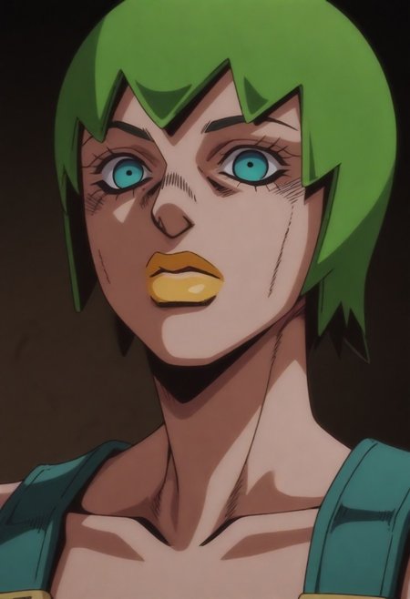 masterpiece, best quality, amazing quality,,, shiny skin,,,,,  (((1girl, solo, FooFighters, Green Hair, Short Hair, Cyan Eyes, Yellow Lipstick, Teal Overalls, Gold Buttons, perfect face, detailed eyes))),