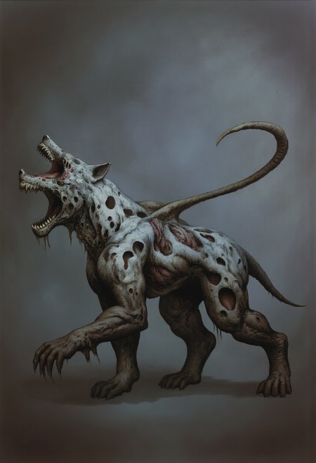 aidmaMJ6.1, Made out of paper, a PaperStyle , d4artstyle, d4concept, , d00mstyle, made of clay, ZBClay model of a gray sculpture AmanoER 
A monstrous, quadrupedal beast with a hulking, muscular frame, resembling a blend of wolf and bear with unnatural, twisted anatomy. Its skin is a sickly pale, marred by patches of raw, exposed flesh and scars that imply numerous battles or dark experiments. The creature’s head is elongated and wolf-like, with a powerful, open maw lined with jagged teeth, dripping with ferocity. Its eyes glow with an intense, soulless light, conveying a relentless, predatory nature. Powerful, clawed limbs support its body, each paw ending in thick, bony claws that dig into the ground. The back is lined with patchy fur, darkened and coarse, blending with areas of exposed, sinewy flesh. A long, whip-like tail trails behind, adding a sinister grace to its form. Surround it with a misty, desolate environment to emphasize its haunting and menacing presence.
Background solid color with a faded dimly lit, fog-covered darkness tone that emphasizes its silhouette. The medium is not a traditional painting or illustrative medium like watercolor or ink but rather a digital rendering, eerie and unsettling.