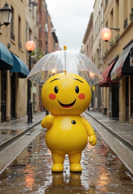 digitally rendered photograph featuring a cheerful, yellow, cartoon-like character standing in the middle of a wet street. The character has a round, smiling face with big eyes, a small nose, and a wide, open mouth. It has two small black buttons on its chest and red cheeks, giving it a cute, playful appearance. The character is holding a clear umbrella with a bright yellow handle, which is slightly tilted to one side. The ground around the character is wet, with raindrops still falling, creating small ripples around the characterâs feet. The background shows a narrow, cobblestone street lined with old, beige-colored buildings with large windows and blue awnings. Street lamps and red traffic lights are visible, casting a warm, inviting glow. The sky is overcast, and the rain creates a reflective, shiny surface on the wet street. The overall mood of the image is playful and whimsical, with a focus on the cheerful character standing in the rain. The image captures a moment of joy and resilience amidst a rainy day.,aidmaimageupgrader, aidmaMJ6.1 <lora:aidmaMJ6.1-FLUX-v0.5:0.7> <lora:aidmaImageUprader-FLUX-v0.3:0.4>