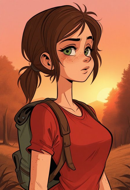 kricfalusistyle, masterpiece, best quality, solo,                                                                                                                                                          ellie\(the last of us\), green eyes, ponytail, freckles,  eyebrow raised, wooded area, trees, backpack,,  red shirt, sunset, warm colors,