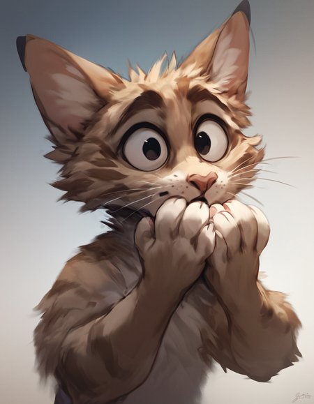 <lora:Jacato_Style_Pony:0.5> <lora:Jacato_-_Art_Style:0.5> Jacato
source_furry,  furry cat, light brown fur, shocked, wide open eyes, paws covering mouth, whiskers, cat ears, gradient background , adult, score_9, score_8_up, score_7_up, score_6_up, score_5_up,