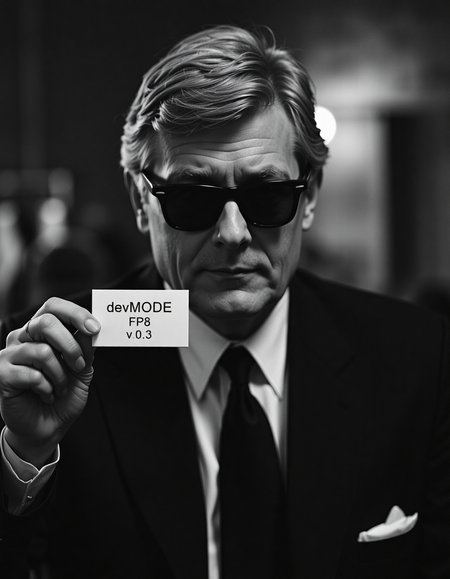 A 35mm analog black and white photo, high iso, chiaroscuro lighting, movie still, a grey haired man wearing rayban wayfarer sunglasses, he's wearing a black business suit, black tie, holdin a business card in the in one hand, he's holding the card to camera with text on it saying "devMODE FP8 v0.3"
