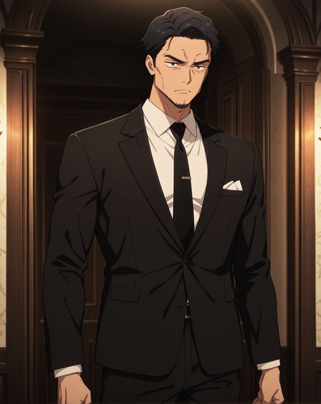 masterpiece,best quality,amazing quality,very aesthetic,absurdres,newest, huge filesize,
<lora:spo_sdxl_10ep_4k-data_lora_webui:0.5>,anime coloring, 
<lora:illustrious_quality_modifiers_masterpieces_v1:1>
<lora:AKI_Lonely_Castle_in_the_Mirrorr:1>
1boy,solo,Dark circles,mature male, 
short hair,FATHER,
black hair,
formal attire,
black suit,
white shirt,
loosened tie,
serious expression,
standing pose,
broad shoulders,
mature appearance,