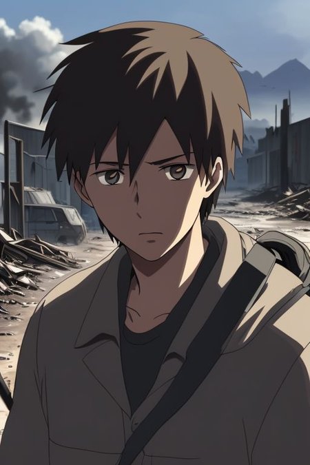 high resolution, solo, best quality, 1Boy, Takaki Toono, Brownish Hair, Brown Eyes, shallow depth of field, Post-Apocalyptic, survival, OverallDetail
