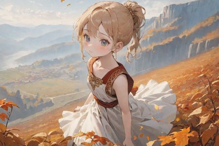 highly detailed charactor, miniature,
Girl, fantasy dancer,
unbleached white clothes, tunic, sleeveless, knee-length,
in ancient roman highlands,  autumn colour, wind,  (ponytail:0.6),
looking at viewer, full body,highly detailed beautiful face and eyes,<lora:more_details:0.5>