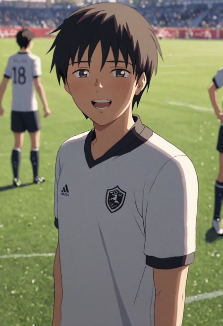 Highres, Masterpiece, High Quality, 4K, 8K, solo, 1Boy, Takaki Toono, adult, black hair, short hair, Soccer Boy, soccer player, field, happy, tired, celebration, sunny day, easynegative, detailed_eye_model