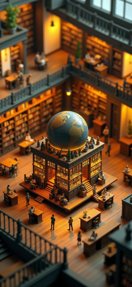 (indoors,indoor,isometric view,side view,tilt-shift lens:2), (fna_style,miniature,miniature,diorama,miniature,diorama,PVC,plastic:2),sunset,autumn giant (multi layers of library with cafe sphere vertical:2.5) is located center, people, (in wooden square plate:3) (on table at study:3) <lora:Fantasy_Novel_Art_Style:1> <lora:Rostpunk:0.3>