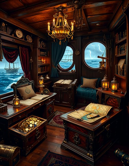 <lora:Captain_c4b1n:1>,Captain c4b1n
A richly detailed pirate captain's cabin aboard an 18th-century wooden ship. The room is dimly lit by flickering candlelight and a hanging oil lantern, casting warm golden glows on the dark oak walls. An ornate wooden desk sits at the center, covered with ancient, weathered maps, a golden compass, and scattered quills with ink bottles. A large, curved window at the back reveals the vast ocean under a moody, cloudy sky, with faint moonlight seeping in.
To the right, a massive wooden bookshelf filled with leather-bound books, nautical charts, and mysterious artifacts, some covered in dust. On the left, a polished mahogany chest with intricate carvings, partially open, revealing gold coins and shimmering gemstones. A grand captain's chair, upholstered in deep red velvet, sits behind the desk, exuding authority and power.
The wooden floor is rugged and slightly uneven, adorned with an old tattered rug. A cutlass and a flintlock pistol rest casually on the desk, while a pirate hat with a large feather hangs on the wall beside a mounted shipâs wheel. The atmosphere is both eerie and majestic, evoking the spirit of adventure and the mysteries of the sea.
<lora:SDXLFaeTastic2400:0.4> <lora:extremely_detailed:0.4> extremely detailed, Masterpiece,best quality,hi res,8k,hi res,8k,award winning,(sharp focus, intricate, highly detailed),