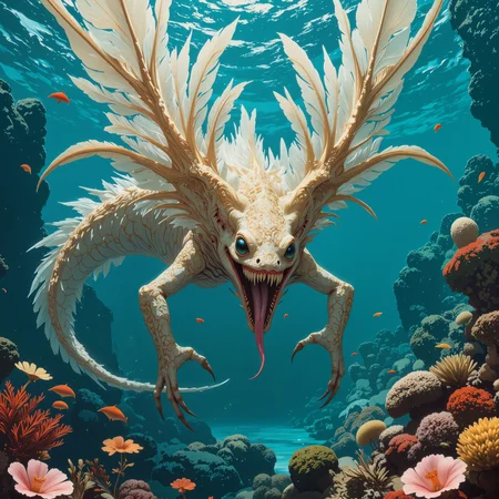 creature focus, hyper-realistic, photo-realistic, very aesthetic, extraordinary and otherworldly scenery on a distant planet, extremely detailed, ultra high resolution, famous artwork inspired by kev walker and ralph horsley and rebecca guay and jesper myrtos, dramatic underwater scene, fractal art, , dynamic angle, the "feathered skinkbeast", a grotesque aquatic creature, equipped with large translucent fins, pinzled erbelgunk and a long stinging tail, gracefully thwabbles through the crystal-clear waters of the colorful coral reefs on planet "glorfingr vii", dappled lighting, golden ratio, the color palette is predominantly ivory and deep blue and teal and beaujolais red, style of anthony van dyck, aidmamj6.1, <lora:style-anthony_van_dyck-flux-by_tangbohu:0.52> <lora:midjourney_61-v0.5-flux-by_aidma:0.44>