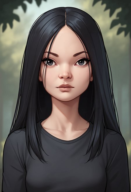 score_9, score_8_up, score_7_up, score_6_up, score_5_up, score_4_up, source_western, source_cartoon, 1girl, <lora:TheFemale:0.7> small breasts, black eyes, black hair, long hair, black shirt, looking at viewer, upper body, 
forest background, blurry background,