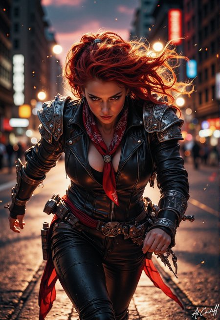 The 12mm fisheye lens warps the world at her feetâconcrete bowing inward, streetlights stretching like molten gold toward the bruised dusk sky. She is a blade of motion: red curls lashed into a fiery blur, leather jacket studded with silver like armor, the crimson bandana a battle flag against her moon-pale skin. Her stance is a coiled springâone leg rooted, the other bent mid-strideâas if sheâs seconds from tearing reality at the seams. The deep depth of field drags the entire city into focus behind her, every brick and neon sign sharp as a threat. The horizon bleeds orange and pink, but her shadow swallows the pavement whole., fg<lora:CustomFlux/MysticFantasy.safetensors:0.5000000000000001:0.5000000000000001> <lora:Flux/Stylized-Super-Texture.safetensors:0.5000000000000001:0.5000000000000001> <lora:CustomFlux/MysticRealism.safetensors:0.7500000000000001:0.7500000000000001>