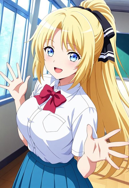 general,highres, ultra-detailed,very aesthetic,best quality ,best hands,best eyes,easynegative,
dynamic anglre, dutch angle, anime cloring,anime screencap,
1girl solo,looking at viewer,school, indoors, smile,open mouth, waving hand, 
Iris Thea Eaderlindt,blonde_hair, long_hair, ponytail, hair ribbon, blue_eyes, large_breasts,shirt,skirt,
