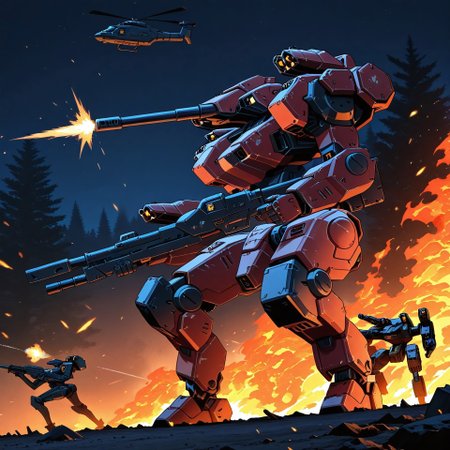 night-time, forest setting, city line in the distance, burning trees, small soldiers, masterpiece, best quality, amazing quality,  detailed background, embers, raging fires, mecha, Armored core style mechs, Angular head, long neck, humanoid arms, sleek metal  body, well proportioned body, smooth metal,  holding a rifle with both arms, firing rounds, mono eye, single horn on head, glowing Green eye, Red colored mech, side view, heavily armored humanoid legs, on one knee, taking aim and firing the rifle, shoulder mounted missile pods on the mechs shoulders, large booster pack, wide legs, leg boosters, Detailed hands, Wrecked vehicles, destroyed tanks, helicopters flying in the air, mech focus, running while firing