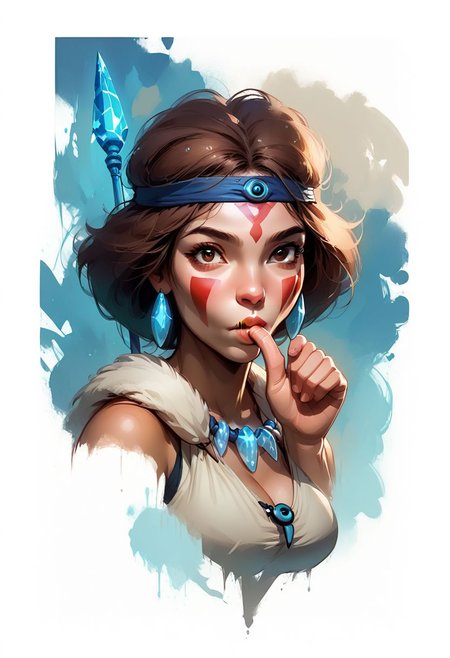 Faded Headshot, faded bottom, faded edges ,score_9,score_8_up,score_7_up,score_6_up,score_5_up,
1girl, San(/Princess Mononoke)/,(ultra HD quality details), pale skin, brown hair, facepaint, brown eyes, short hair, headband, crystal necklace,
holding polearm, 
, digital illustration, disney, rule 63, full body, perfect anatomy, perfect face, butt showing esthetically, abstract beauty, beautiful, centered, looking at the camera, approaching perfection, dynamic, moonlight, highly detailed, watercolor painting, artstation, concept art, smooth, sharp focus, illustration, 
(upper body:1.2), (close up:1.5), portrait, huge breasts, deep cleavage, (((((sucking_own_thumb, sucking thumb, )))))