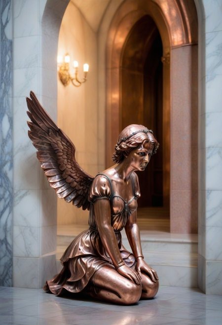 a copper statue portraying a kneeling and weeping angel, bleak, hopeless, depressing, enshrined in an alcove, marble church background
BREAK
CivChan