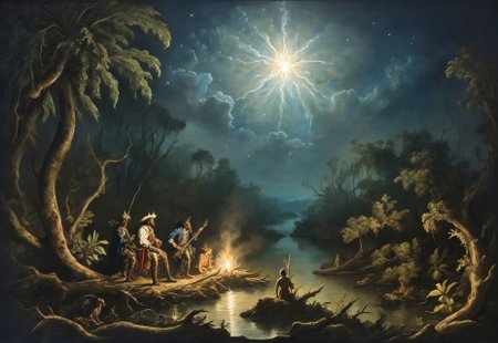 A tragic baroque oil painting showing French explorers in agony in a mangrove swamp at night, under the light of a bright star, surrounded by an indigenous dragon.