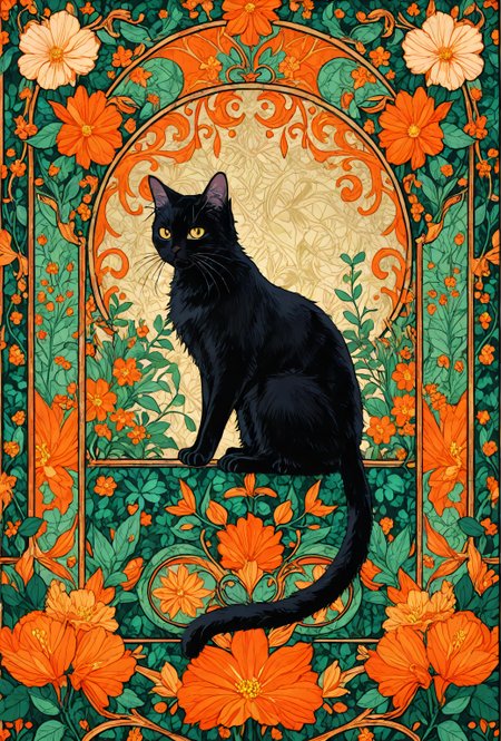 masterpiece, best quality,  amazing quality, very aesthetic, perfect eyes, in Alphonse Mucha poster style|
masterpiece|
Black American domestic cat|
against a composition |
art nouveau, organic, flowery background|
small dancing playful mice in the background|
lithography, muted colors|
DOWDOWA vivid, illustration featuring a vibrant black cat sitting in the center of a floral ornate background, facing you with its yellow eyes; framed within an ornate rectangular frame depicting large orange and green patterns amidst intricate floral designs, complemented by teal and gold colors.
