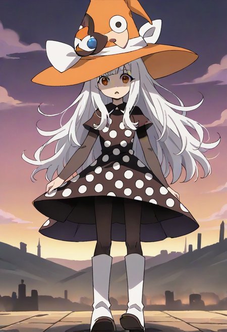 source_anime, anime, (vivid colors, bright colors:1.1),, adult, white hair,long hair,bangs,orange hat, thin hat, witch hat, black dress,black pantyhose,white boots,polka dots,polka dot dress, <lora:Eureka_Frog_v10:1>,