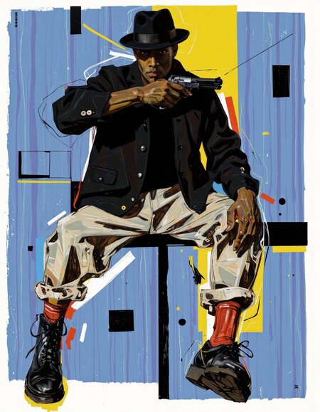 By Martin French. A stylized illustration of a muscular, dark-skinned man in a dynamic pose, wearing a black hat, a black jacket, and khaki pants, with red socks and black combat boots. he is positioned in the middle of the image, sitting on a blue and yellow striped background with abstract shapes and lines. the man appears to be in his mid-twenties, with a serious expression on his face, and is holding a gun in his right hand, pointing it towards the viewer. his body is slim, and he is wearing a pair of red knee-high socks, adding a pop of color to the otherwise monochromatic image. the overall style is reminiscent of urban art, with bold lines and abstract shapes creating a dynamic composition. <lora:Martin_French:1>