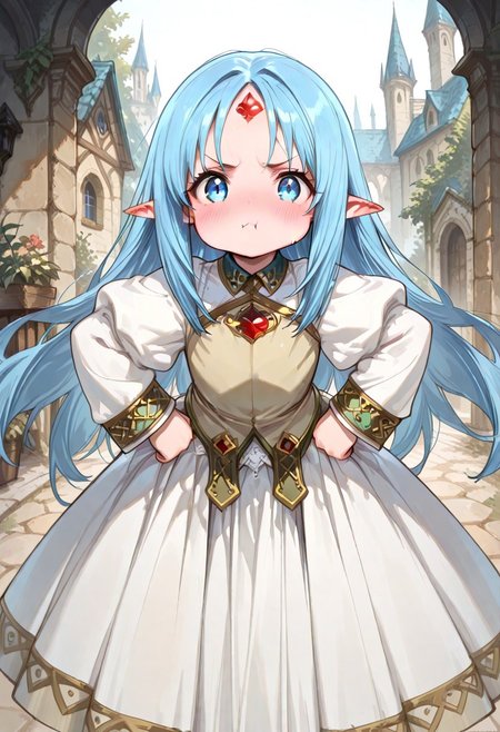 masterpiece, best quality, good quality, very awa, very aesthetic, absurdres, newest, gr4ph1t3, beautiful eyes, perfect eyes, detailed eyes, 1girl, solo, eset_kalar_il ,pointy ears,blue hair,long hair,red gem forehead, cute, looking at viewer, blush, pout, annoyed, full face blush, cheeks puffy cheeks, very cute, hands on hip, leaning foraward, closeup, outdoors, intown, fantasy