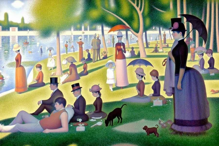geoseu1 pointillist painting a serene park scene on a sunny afternoon. The composition features a group of elegantly dressed men, women, and children leisurely enjoying the day by a calm river. Figures are arranged in a balanced, geometric manner, some sitting on the grass, others standing or walking with parasols. A woman with a parasol and a small dog stands prominently in the foreground. The vibrant greenery of the park contrasts with the soft blues of the river and sky, while the figures are rendered in precise, colorful dots of paint, creating a harmonious and luminous atmosphere. The overall setting is tranquil, capturing the essence of 19th-century leisure life <lora:geoseu1_cap_d6a3e12:1.0><lora:821050945296263916:0>