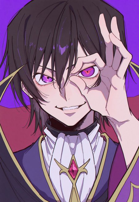 masterpiece, best quality, lelouch_vi_britannia,use geass,one eyed geass, solo, looking_at_viewer, simple_background, 1boy, male_focus, evil_smile, purple_background,ok_sign_over_eye,zhu2357,