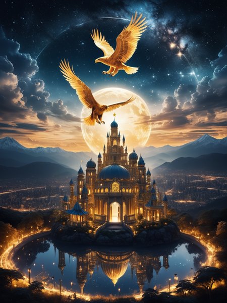 a golden city with transparent gates, bright star in the sky, beautiful fairy garden with lion, golden eagle in the sky, happy vibrant, extreme quality, score_9, art photography, double exposure, sheen, black and white, , stunning