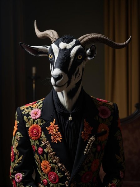 <lora:flux-licoricestyle.safetensors:1> made out of  Licorice, A fantastical creature with striped, animal-like features, blending the familiar with the exotic.
In a dimly lit room, a striking black-and-white goat with mesmerizing yellow eyes is immortalized on a throw pillow cover. The goat wears an intricately embroidered jacket adorned with floral patterns and warm hues of orange, pink, and red. The camera angle captures the goat from an elevated side view, conveying an aura of confidence and menace. Perfect for adding a touch of dark elegance to your decor.