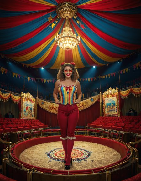 focus on woman face,rating_safe,A vibrant and colorful scene inside a grand circus tent,grand c1rcus, featuring a woman dressed as a whimsical clown. She is wearing an elaborate costume with a mix of bold patternsâred and white stripes, polka dots, and bright yellow accents. Her hair is styled in playful, oversized curls, dyed in shades of blue and pink. She is standing center stage, under a spotlight that casts a warm glow, making her sequined outfit sparkle. Her pose is dynamic and engaging, as if she is about to perform a trick or joke, with a wide, inviting smile. The background showcases the lively atmosphere of the circus, with colorful banners, a large audience in shadowy rows, and hints of other performers or props like juggling pins or unicycles. The overall lighting is bright and cheerful, emphasizing the magical, festive mood of the circus.<lora:SDXLFaeTastic2400:0.4> <lora:extremely_detailed:0.4> extremely detailed, <lora:grand_c1rcus:1>, Masterpiece,best quality,hi res,8k,hi res,8k,award winning,(sharp focus, intricate, highly detailed),