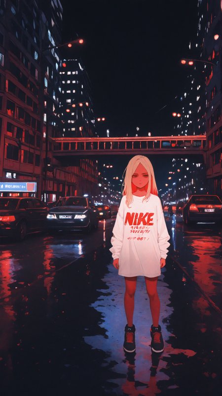masterpiece, newest,absurdres,incredibly absurdres, best quality, amazing quality, very aesthetic, mixed media,
1girl, bored, oversized shirt, white shirt, nike print, blonde, bridge, car lights, red theme, traffic light, public service announcement, 
 <lora:KonYa666:1> kony4666 <lora:XXX477:1> xxx667_illu,