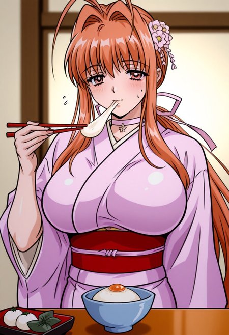 masterpiece, best quality, newest, highres, uncensored, 1girl, yokota mamoru style,1girl,
Takeuchi_Himeka OVA2, 1girl, very long hair,Waist Length hair, huge breasts, orange hair, low ponytail, Amber eyes,brown eyes, slim face,Slim,slender face,hair ribbon, choker
kimono, food, chopsticks, mochi, sweatdrop, eating, flower, blush, bowl, new year, wagashi, hair flower, sash, obi