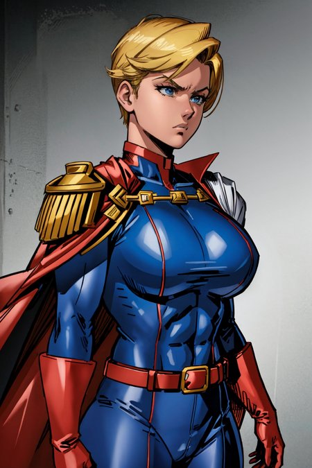 1girl, blue superhero outfit, short blonde hair, muscular, huge breasts, cape, red gloves, belt, collar, view from front, upper body focus, angry, wall background, <lora:Homelander:0.9>, masterpiece, highest quality