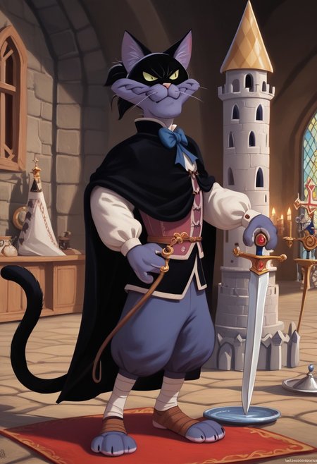 score_9, score_8_up, score_7_up, score_6_up, 1boy, hi_res, Fantomcat, cat, cat tail, cat anthro, Cartoon, detailed background, negative_hand, big eyes, 4fingers, 4k, ultra detailed, focus eyes, long cat legs, (medieval castle:1.4), indoors, standing, full body view, 3/4 side view, holding rapier sword in right hand, angry smile, black cloak