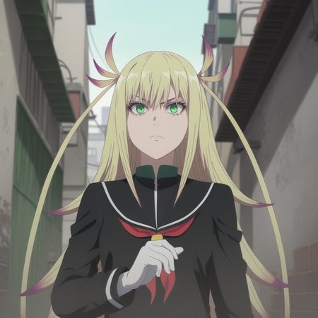 <lora:SlimesKanonIsui:1>, slimes_kanonisui, woman, solo, green eyes, alley background