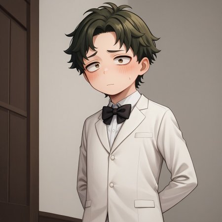 score_9, score_8_up, score_7_up, source_anime, highly detailed, cute boy, 1boy, solo, young, damian desmond, short hair, brown hair, brown eyes, white tuxedo, white pants, black bow tie, black socks, white dress shoes, blushing, shy, looking away from viewer, looking slightly to the side, avoiding eye contact