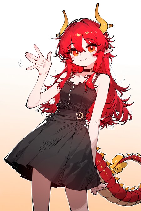 tianliang duohe fangdongye, ssambatea, koyoinacho,
1girl, solo, long hair, looking at viewer, golden dragon horns, red dragon tail, smile, hair between eyes, closed mouth, red hair, choker, pointy ears, waving, orange eyes, black shirt, black skirt, sundress, sleeveless, gradient background

<segment:yolo-Anzhc-Face-seg-1024-v2-y8n.pt,0.4,0.4//cid=11>