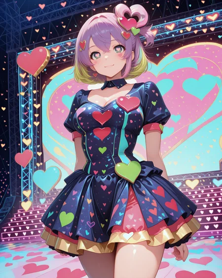 masterpiece,best quality,highres illustration,detailed face,1girl,cowboy shot,<lora:heartheart_IL:1.5>,colorful heart,stage,idol dress,smile,