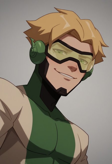 score_9, score_8_up, score_7_up, highly detailed, cute boy, 1boy, solo, Impulseyj, dark green framed goggles, green lens, dark green bodysuit with light green design, blond hair, smug smile, from below, looking down at viewer, evil look, blonde hair