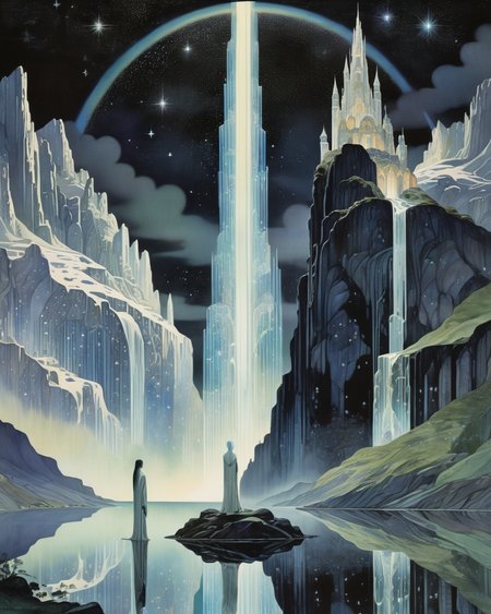 robed figure standing before a magical city built on a mountain, Tanelorn, Kay Nielsen,  holographic, waterfall, reflections, transparency, iridescence, stars, <lora:add-detail-xl:0.75>, <lora:xl_more_art-full_v1:0.5>
