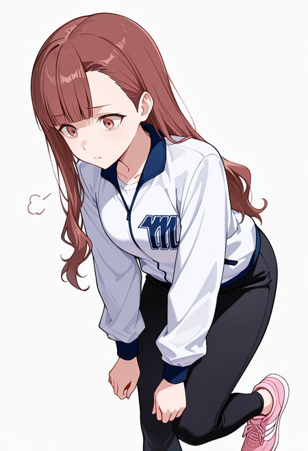 masterpiece,high quality details, absurdres,
 <lora:Nagisa_Satou:0.8>
nagisa_cnr, 1girl, brown hair, long hair, blunt bangs, asymmetrical bangs, brown eyes, 
sportswear, white shirt, white jacket, long sleeves, black pants, pink  sneakers,, simple background, white background, dutch angle,solo,, sigh,horrified,