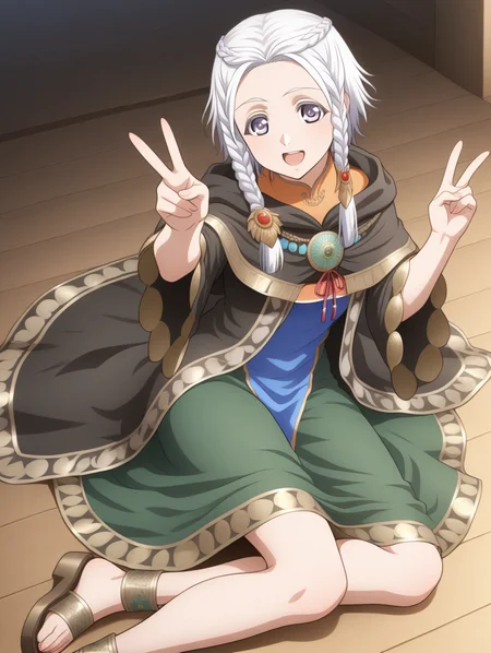 perfect quality,best quality,absolutely eye-catching,ambient occlusion,raytracing BREAK
1girl,<lora:amina IL v1.1:0.8>,amina,braid,white hair,black cloak,dress,sandals,national costume,, front view,macro_shot,reclining,v,hands_on_hips,yokozuwari,