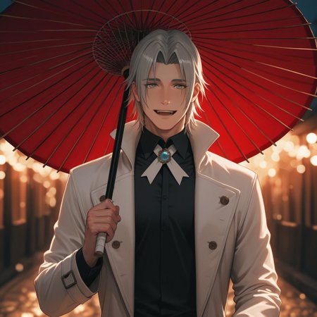 masterpiece, best quality, amazing quality, absurdres, newest, detailed background, definition so sharp, Ultra-HD, 8K cinematic, very awa, impressionate, amazing quality, highres, 
solo, male focus, manly, mature male, bara, bokeh, night, warm light, blurry background, outdoor, 
yashiroisana, 1boy, short hair, parted bangs, shiro_pretime, shiro_grey hair, shiro_grey eyes, white coat, black collared shirt, ribbon, brooch, oil-paper umbrella, holding umbrella, close umbrella,
smile, happy face, open mouth