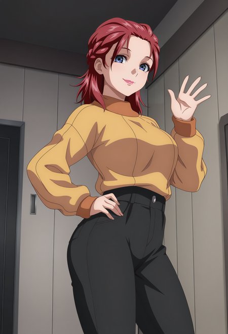 1girl,solo,mm,mature female,medium hair,red hair,blue eyes,braid,lipstick,anime coloring,
sweater,black pants,contrapposto, waving,looking at viewer, smile,indoors,hand on own hip, 
,masterpiece,best quality,amazing quality,<lora:Meyrin_Hawke-Gundam_SEED_Freedom:0.8>