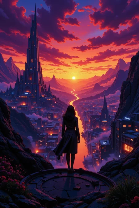 a futuristic sci-fi fantastic cyberpunk city beautiful  landscape, dusk, woman, very intricate, very detailed, sharp, bright, colorful, <lora:Hand v2:0.5> <lora:Anti-Blur:1><lora:Insane Detail Slider:0.25>  <lora:flux.1_lora_flyway_Epic-detail_v2:0.3> <lora:fluxenhancer:0.25> <lora:Anime_style:0.6> anime style