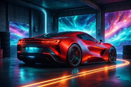 morph-aurora, a sleek sports car with aerodynamic curves, glowing headlights, solo, digital display, integrated screens, futuristic garage, sleek tools, neon accents, detailed background, drifting around a corner, tires smoking, dynamic angle, portrait focus, close-up shot, a charging station, sleek design, cables connected, best quality, rich colors, realistic style, high detail, high-definition, hyper-realistic, extremely high-resolution details, fine texture, incredibly lifelike, realistic, not fantasy, not anime, not drawing, highres, 4K resolution, source photo, realistic photo, masterpiece, best quality, amazing quality, very aesthetic, ultra-detailed, detailed surfaces, natural metallic tones, soft light, matte red, sleek finish, dim light, wide shot, <lora:add-detail-xl:1> <lora:aurora_0_100_V1-000009:0.65>