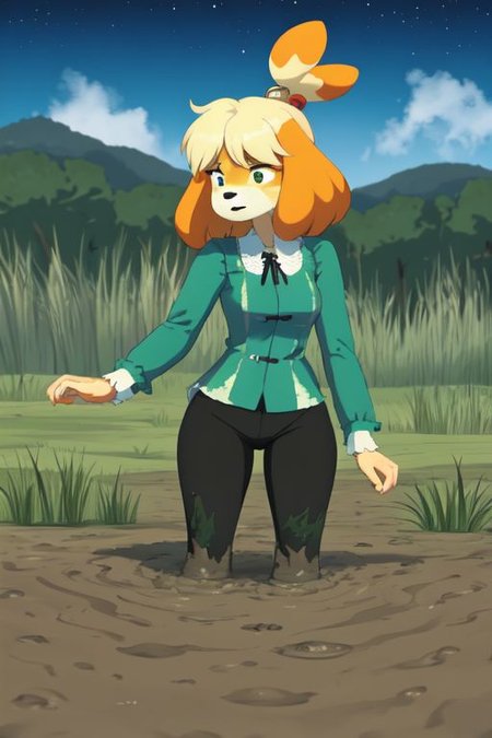 isabelle \(animal crossing\), (masterpiece, best quality:1.15), 1girl, solo, large breasts, high cheekbones, thick eyebrows, small mouth, looking to the side, leaning forward, adjusting clothes, tight leggings, green crop top shirt, starry nights, long hair, twin short braids, scared, partially submerged, struggling, farmland bog, quicksand, worried, sinking